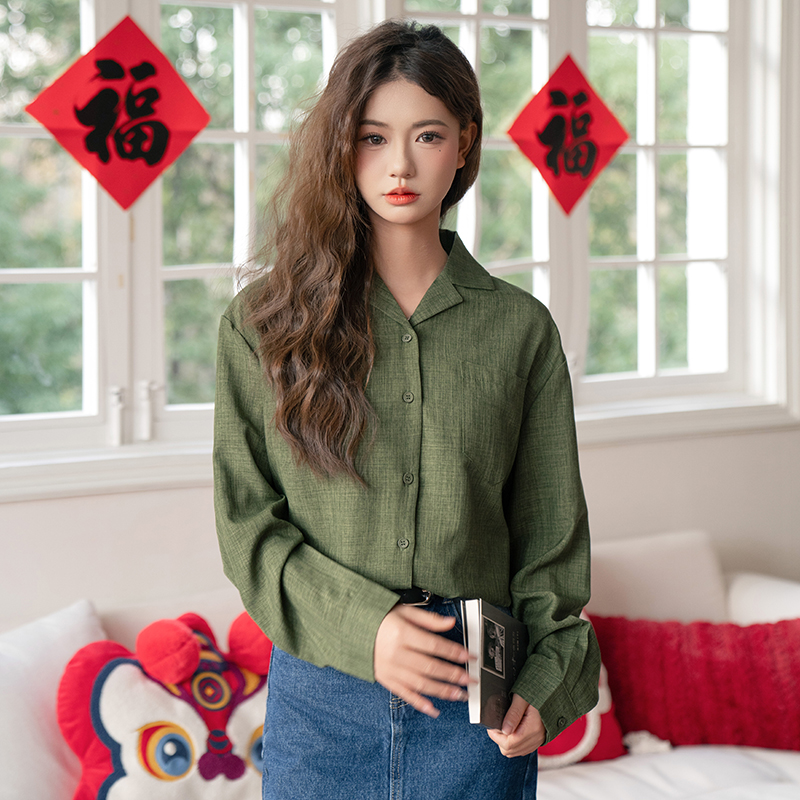 Green loose long sleeve shirt lapel retro tops for women