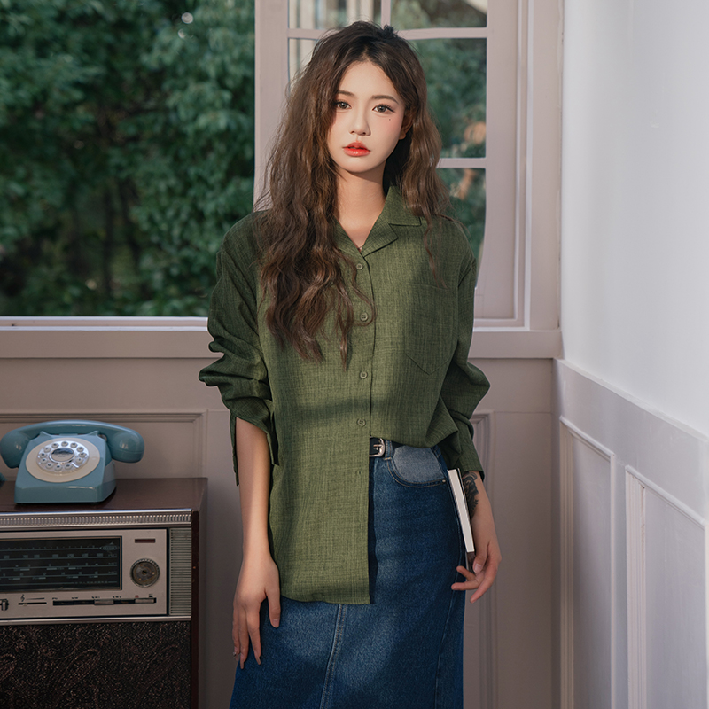 Green loose long sleeve shirt lapel retro tops for women