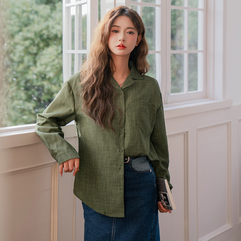 Green loose long sleeve shirt lapel retro tops for women