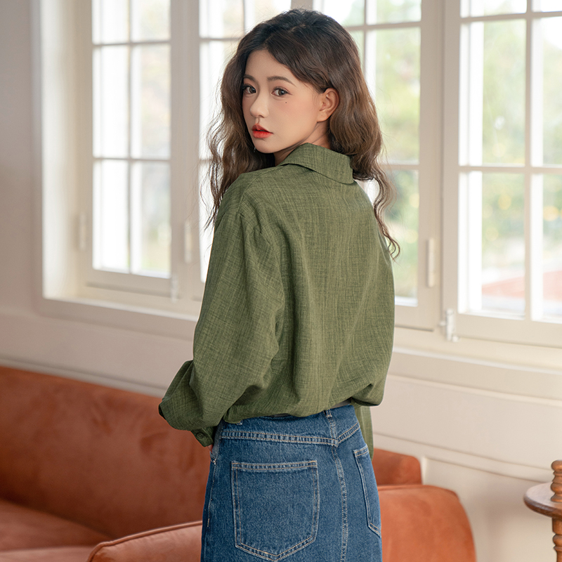 Green loose long sleeve shirt lapel retro tops for women