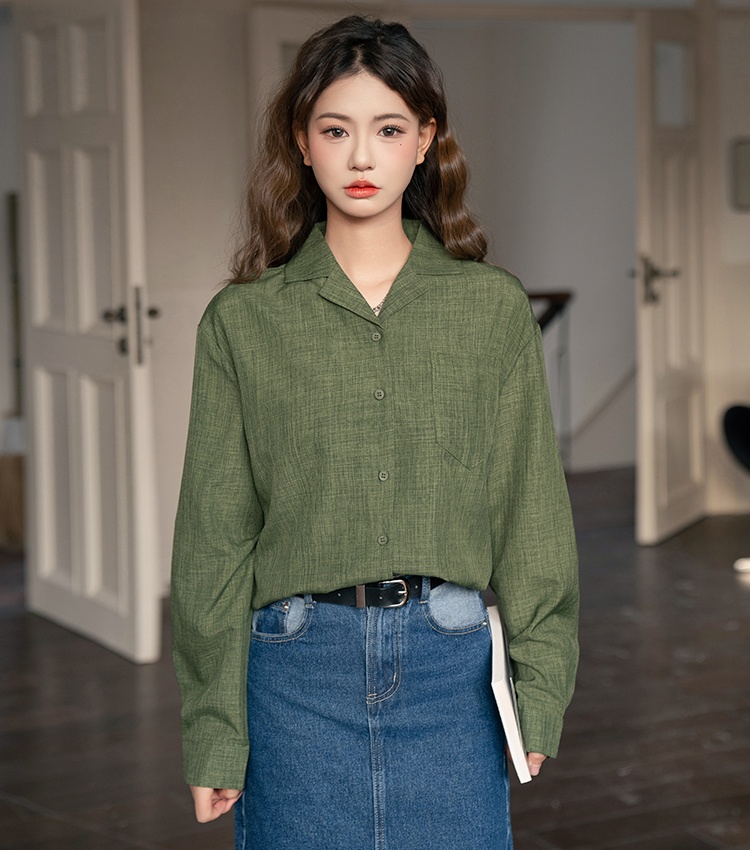 Green loose long sleeve shirt lapel retro tops for women