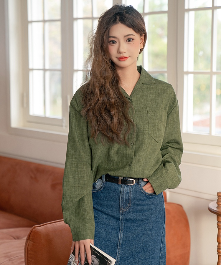 Green loose long sleeve shirt lapel retro tops for women