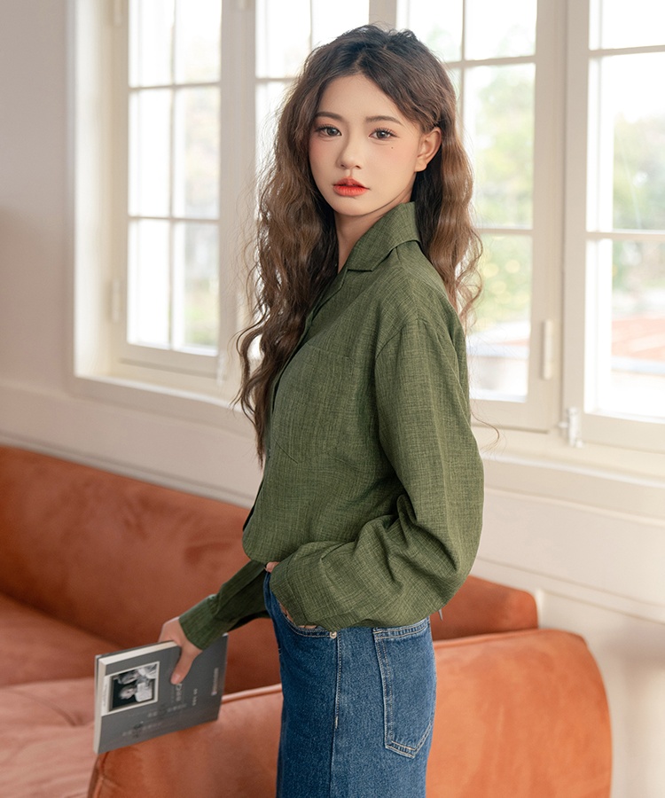 Green loose long sleeve shirt lapel retro tops for women