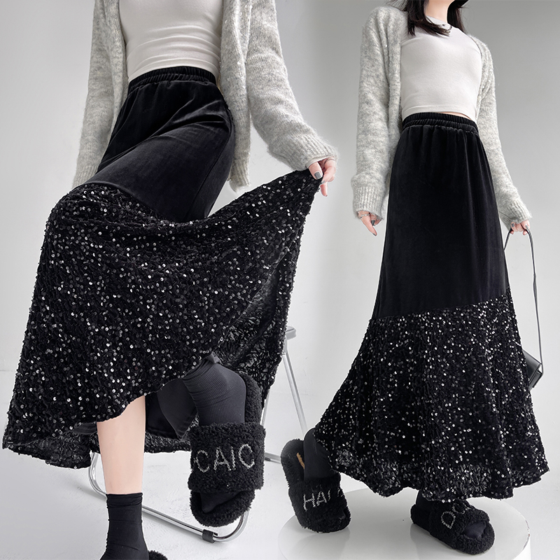 All-match velvet splice slim mermaid skirt