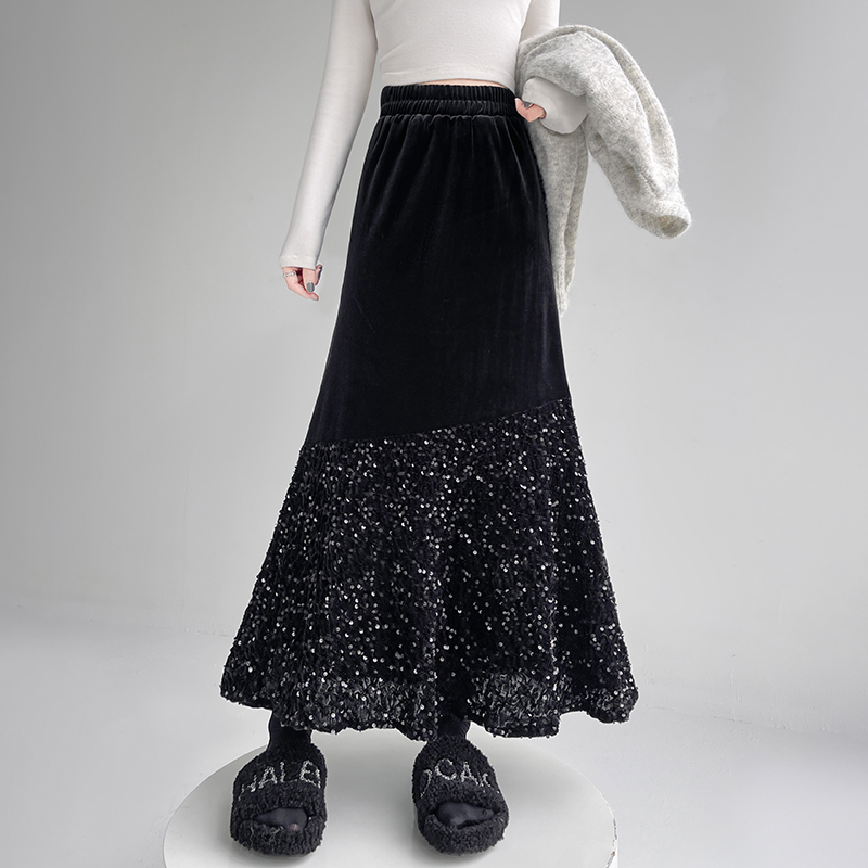 All-match velvet splice slim mermaid skirt