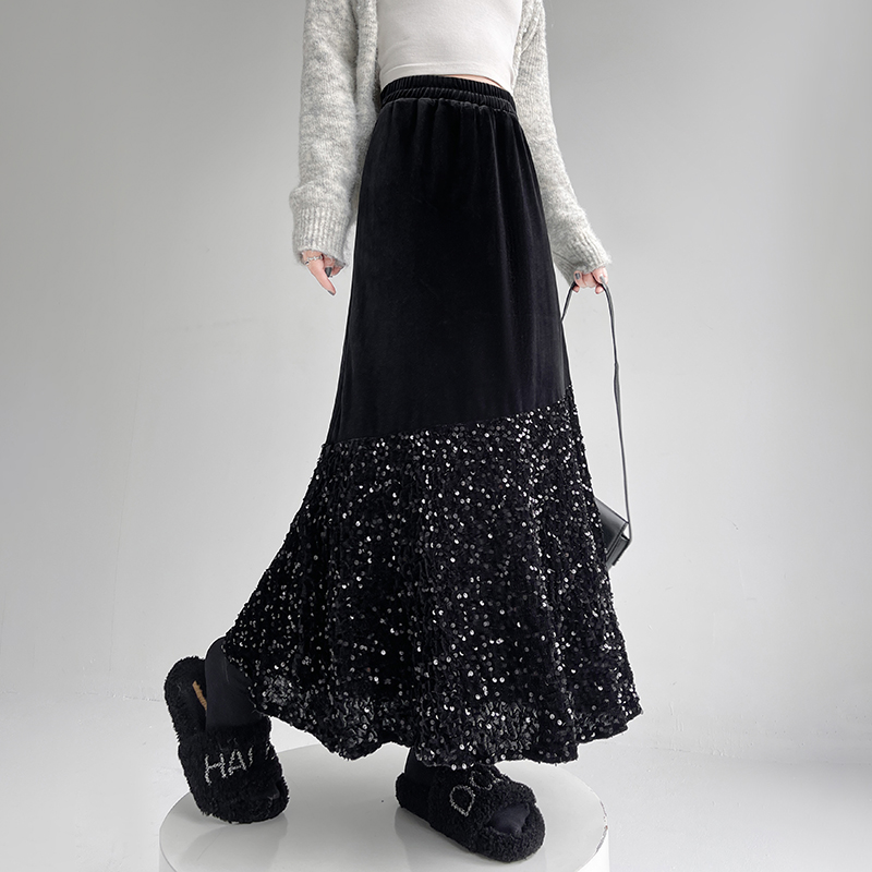 All-match velvet splice slim mermaid skirt