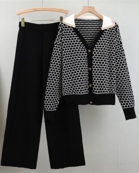 Plaid V-neck wide leg pants fashion cardigan 2pcs set