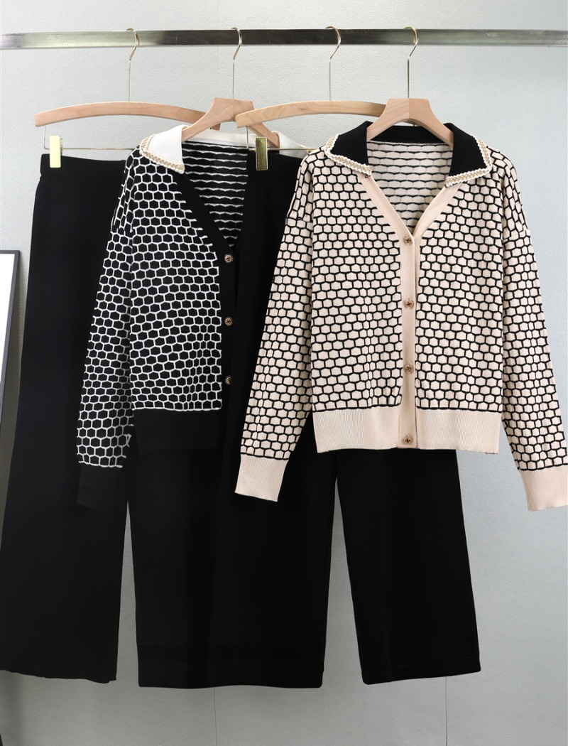 Plaid V-neck wide leg pants fashion cardigan 2pcs set