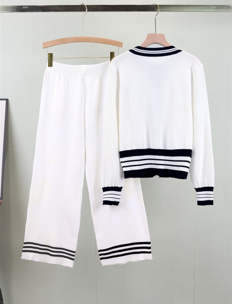 Knitted fashion cardigan ladies spring wide leg pants 2pcs set