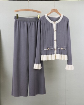 Speaker wide leg pants knitted cardigan 2pcs set for women