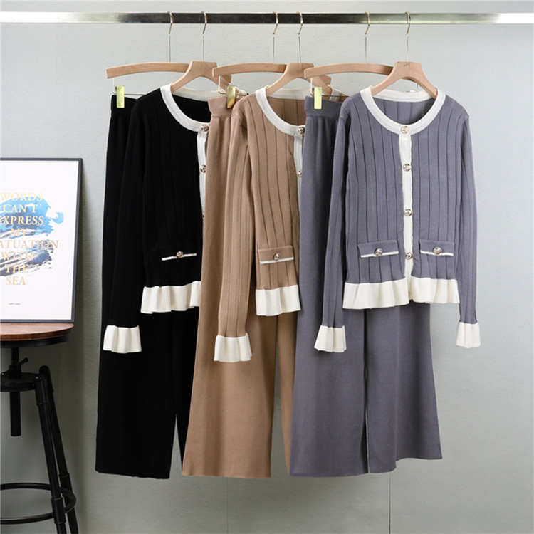 Speaker wide leg pants knitted cardigan 2pcs set for women