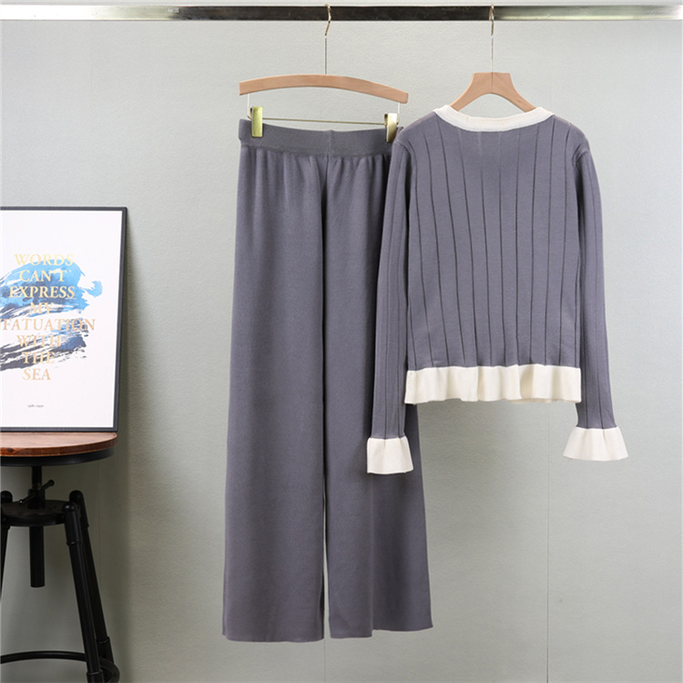 Speaker wide leg pants knitted cardigan 2pcs set for women