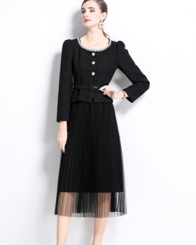 Slim round neck ladies gauze pleated skirt 2pcs set