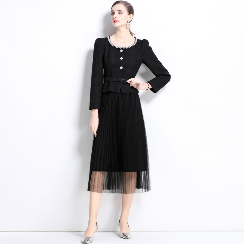 Slim round neck ladies gauze pleated skirt 2pcs set