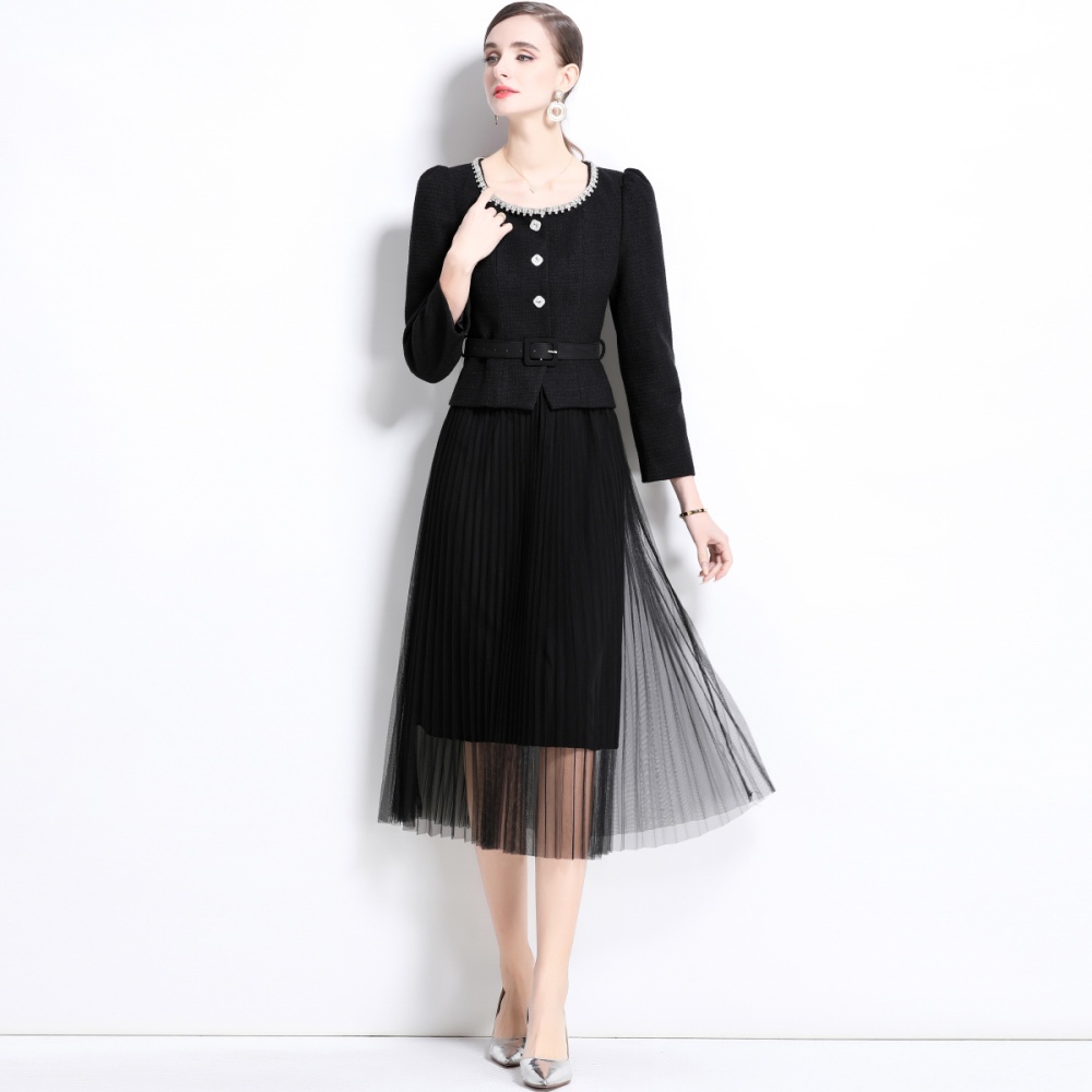 Slim round neck ladies gauze pleated skirt 2pcs set