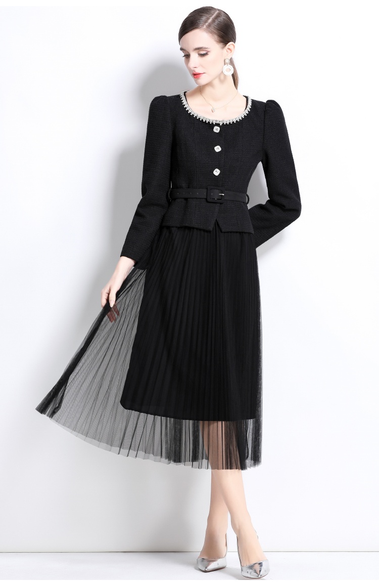 Slim round neck ladies gauze pleated skirt 2pcs set