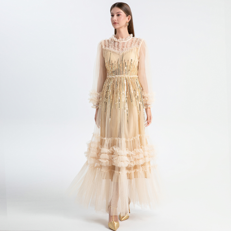 Wood ear splice dress temperament embroidery formal dress