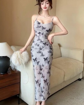 Long slim gauze dress France style printing long dress