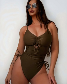 Hollow brown bikini bandage conjoined swimwear