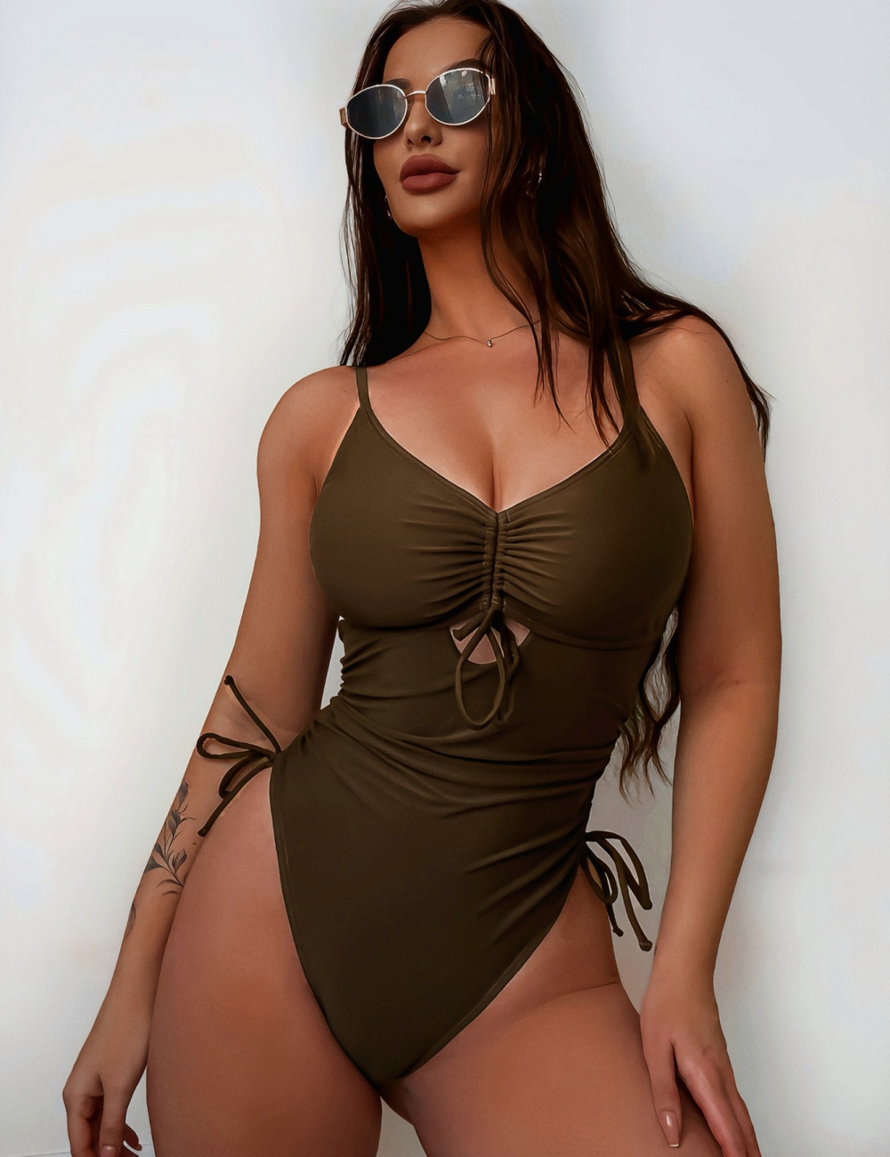 Hollow brown bikini bandage conjoined swimwear