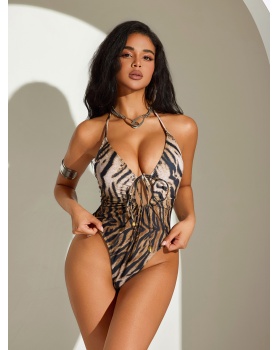 Leopard bikini bandage conjoined printing hollow swimwear