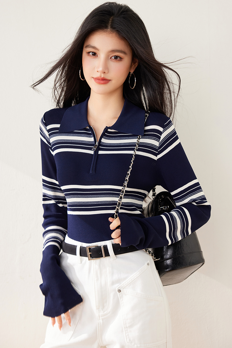 Mixed colors spring tops stripe bottoming sweater