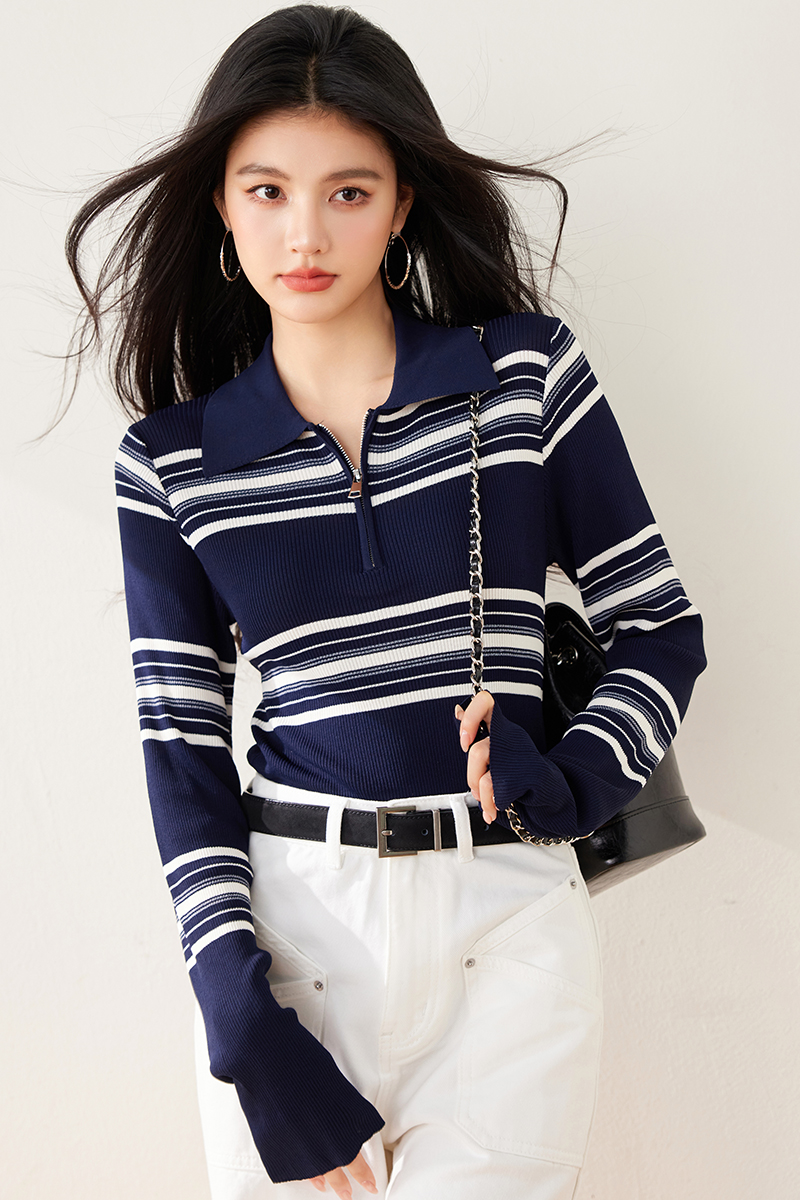 Mixed colors spring tops stripe bottoming sweater