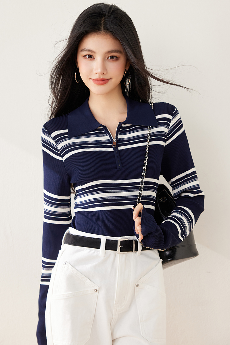 Mixed colors spring tops stripe bottoming sweater