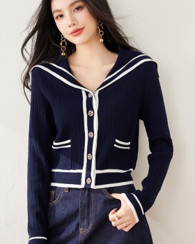 Knitted navy collar cardigan navy-blue tops for women