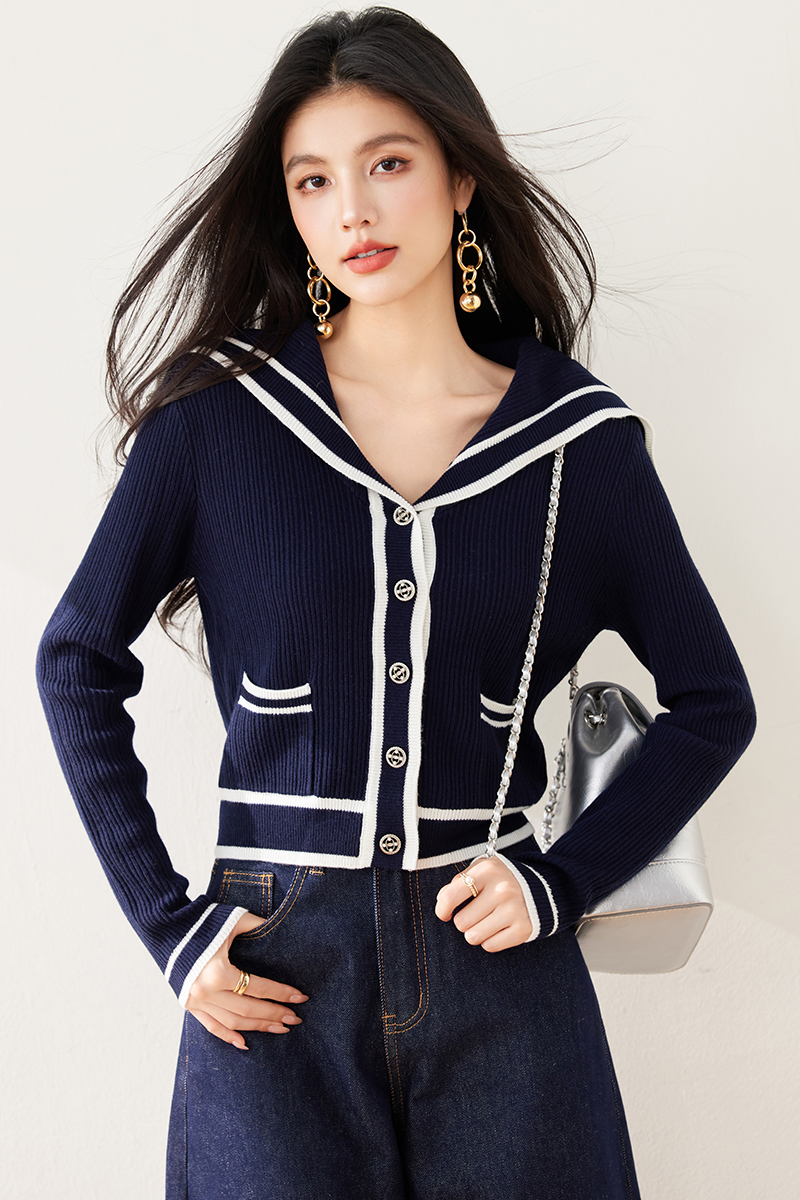 Knitted navy collar cardigan navy-blue tops for women