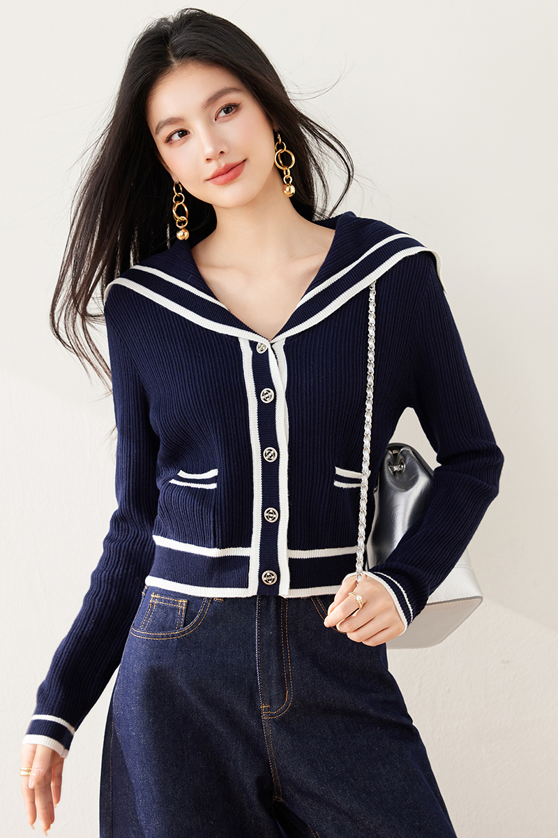 Knitted navy collar cardigan navy-blue tops for women