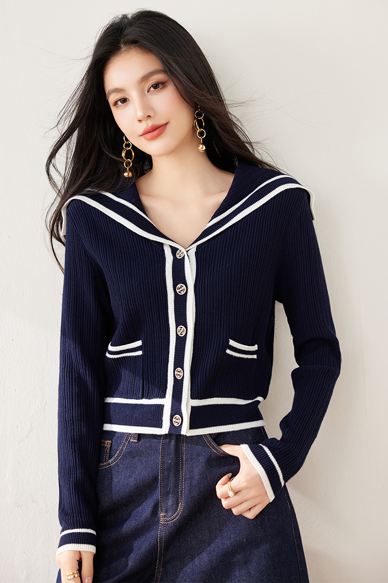 Knitted navy collar cardigan navy-blue tops for women