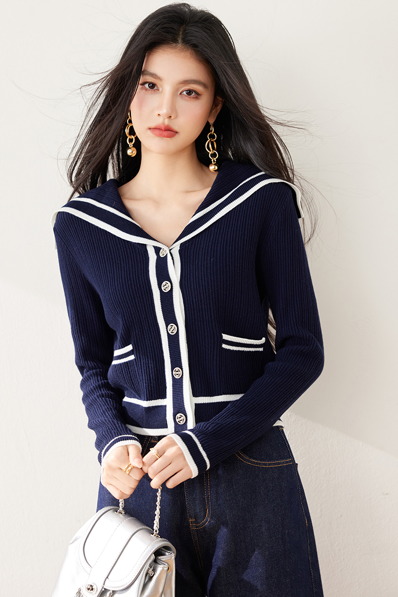 Knitted navy collar cardigan navy-blue tops for women