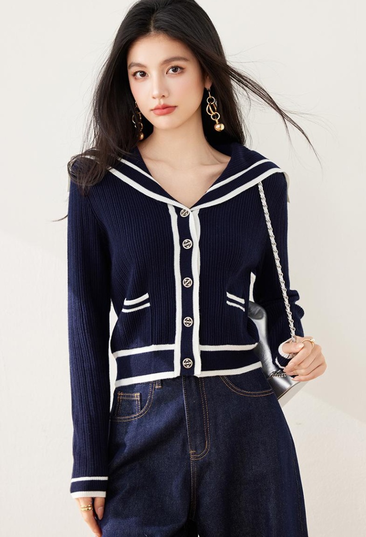 Knitted navy collar cardigan navy-blue tops for women