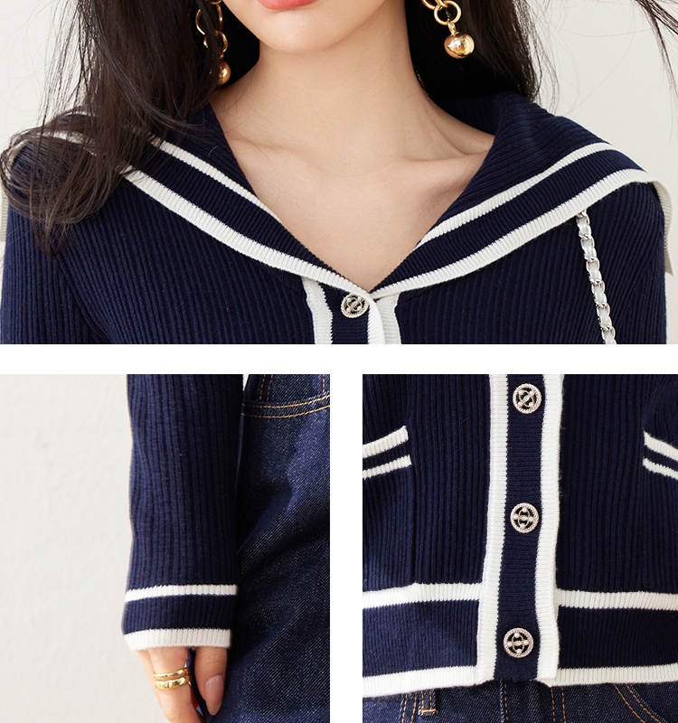 Knitted navy collar cardigan navy-blue tops for women