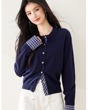 Plaid cardigan Pseudo-two sweater for women