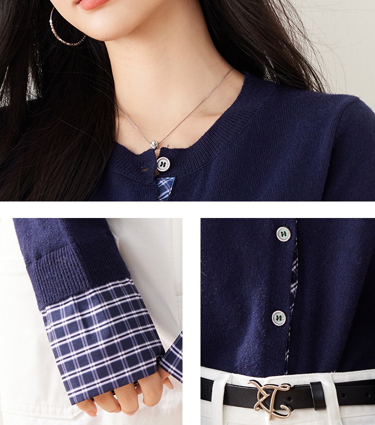 Plaid cardigan Pseudo-two sweater for women