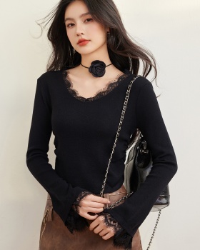 Fold lace V-neck sweater splice trumpet sleeves tops