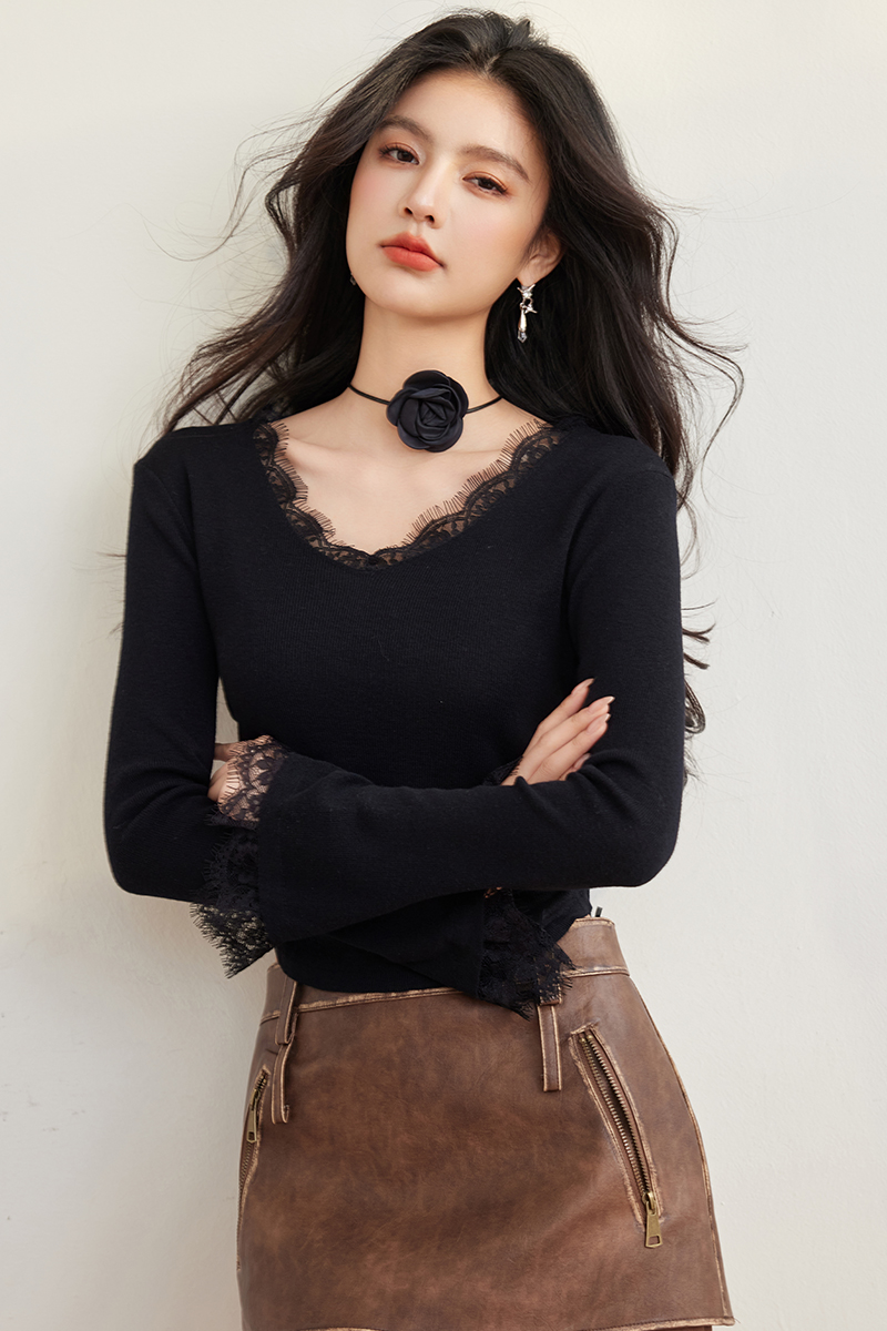 Fold lace V-neck sweater splice trumpet sleeves tops