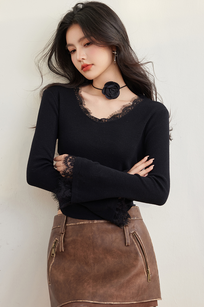 Fold lace V-neck sweater splice trumpet sleeves tops