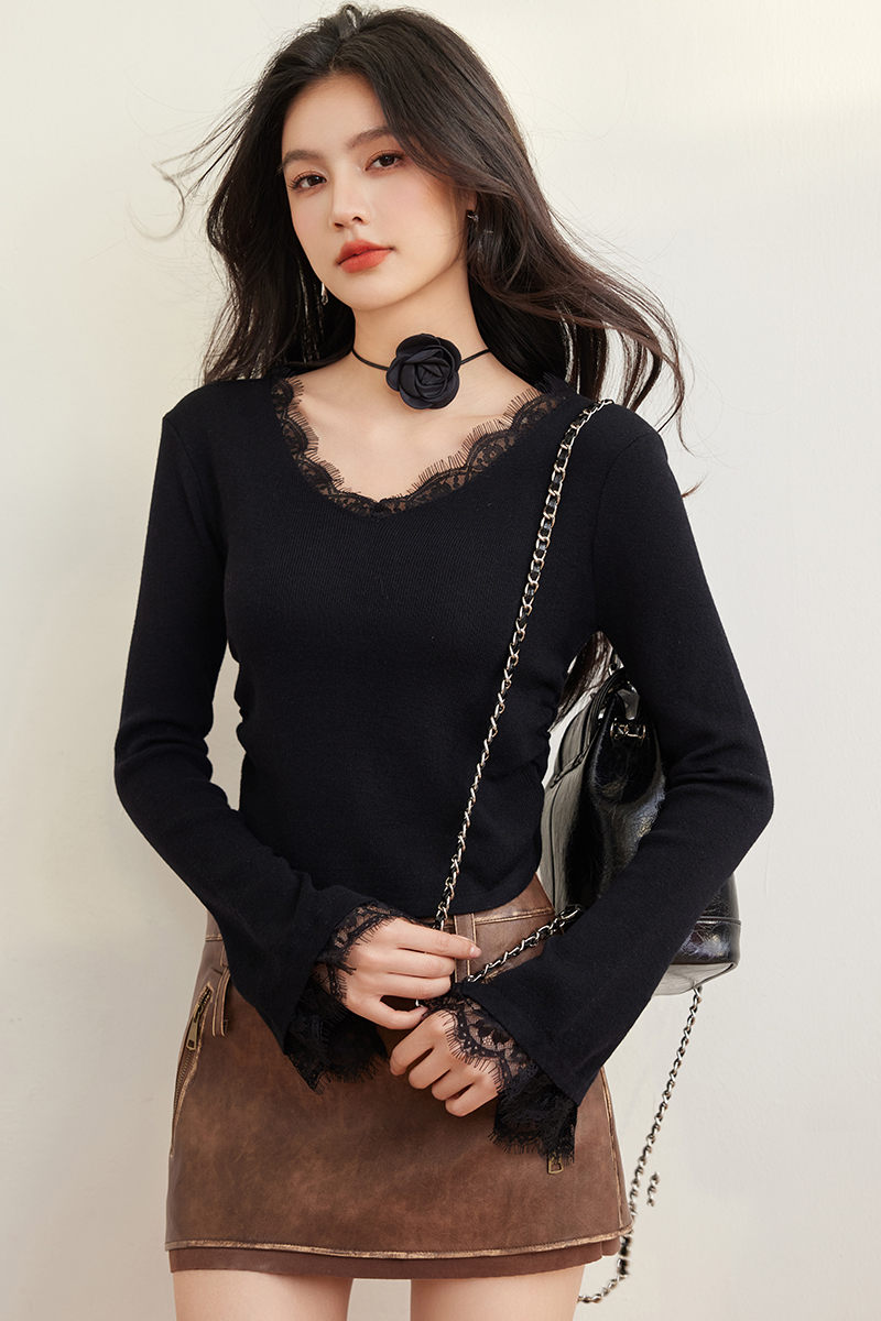 Fold lace V-neck sweater splice trumpet sleeves tops