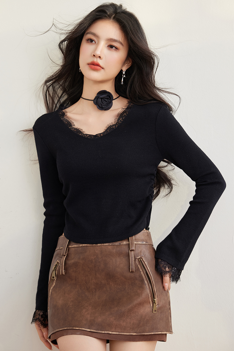 Fold lace V-neck sweater splice trumpet sleeves tops