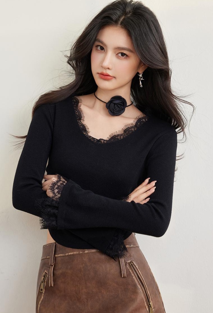 Fold lace V-neck sweater splice trumpet sleeves tops