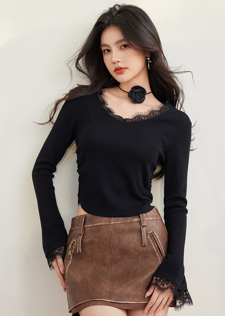 Fold lace V-neck sweater splice trumpet sleeves tops