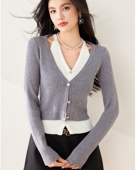 Knitted lazy sweater autumn Pseudo-two cardigan for women