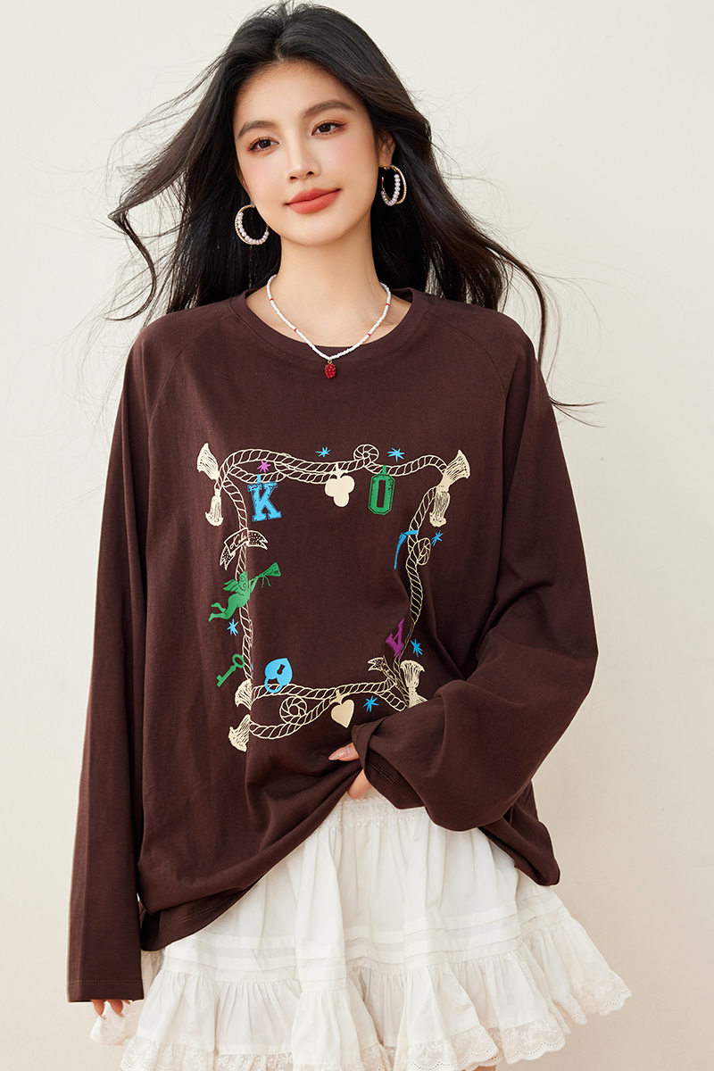 Long sleeve loose printing thin knitted spring T-shirt