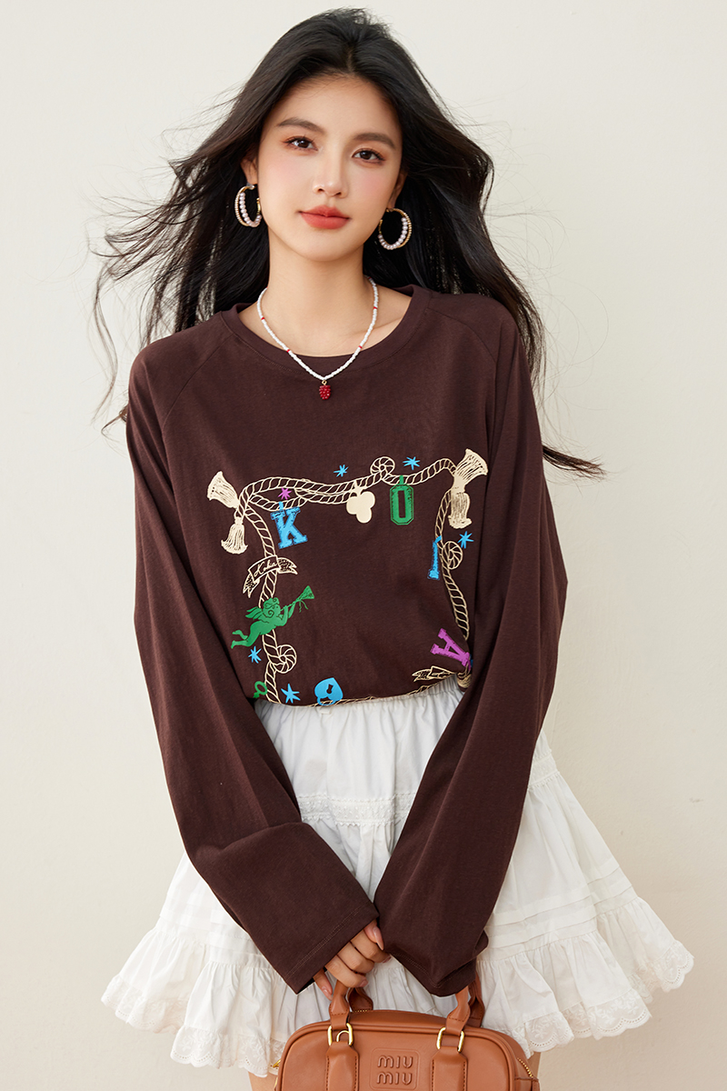 Long sleeve loose printing thin knitted spring T-shirt