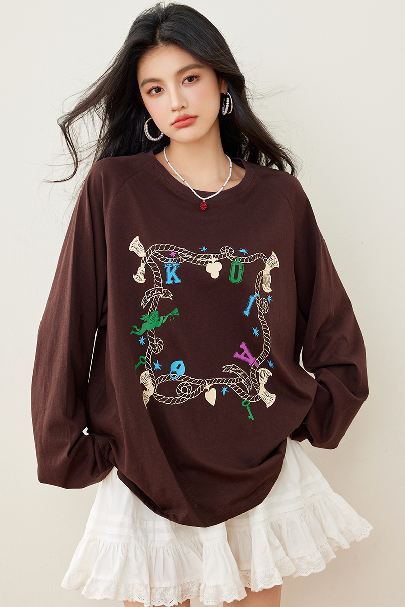 Long sleeve loose printing thin knitted spring T-shirt