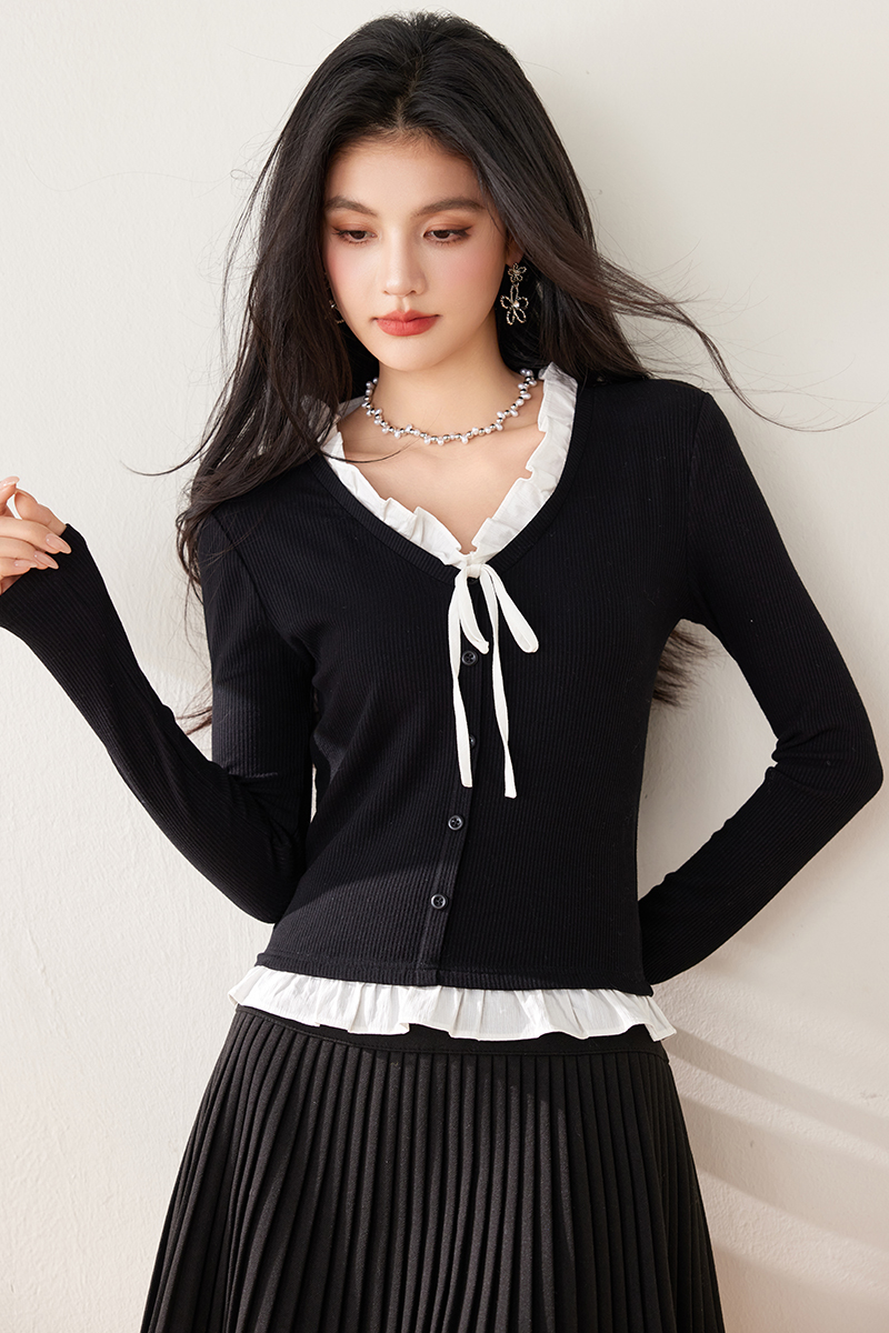 Long sleeve bottoming T-shirt Pseudo-two cardigan for women