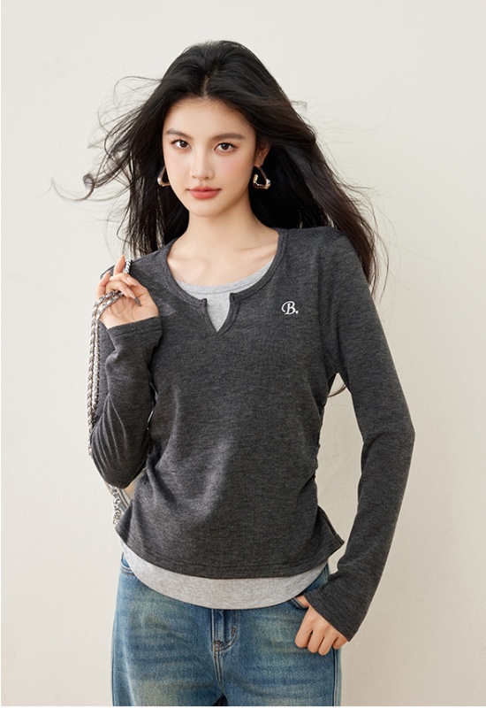 V-neck spring T-shirt long sleeve bottoming shirt for women